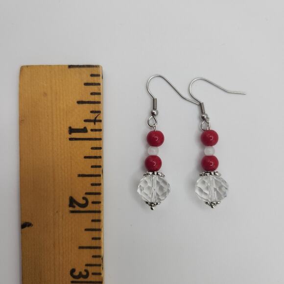 Handmade Earrings with Crystal, Red Coral, and Moonstone – 2" Dangle - Picture 3 of 10